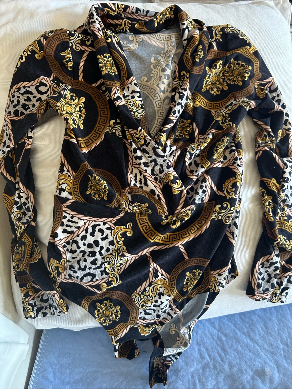 Private Label Black Floral Baroque Print Wrap Bodysuit